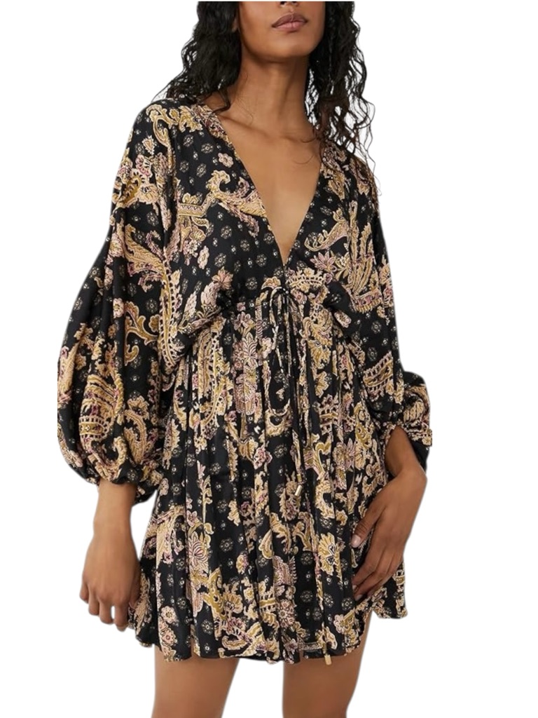 Free People Arzel Mini Dress Black Combo Paisley Print Poet Sleeves Small Nwt